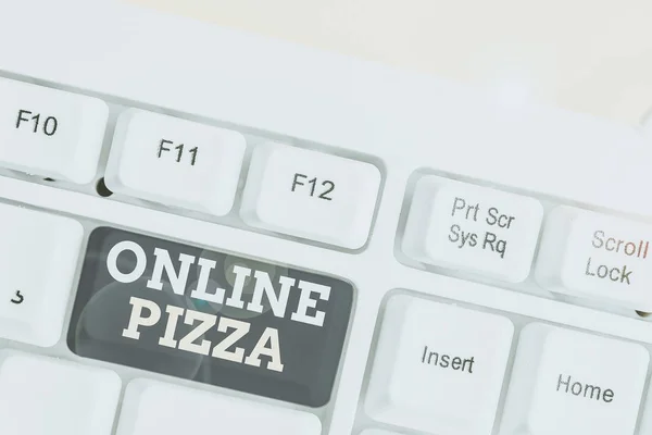 Texto Escrita Palavras Pizza Online Foto Negócios Mostrando Entrega Rápida — Fotografia de Stock