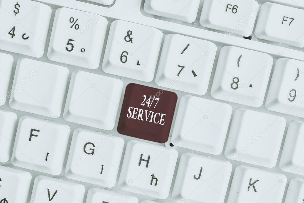 Text sign showing 24 Or 7 Service. Business photo text Always available to serve Runs constantly without disruption White pc keyboard with empty note paper above white background key copy space