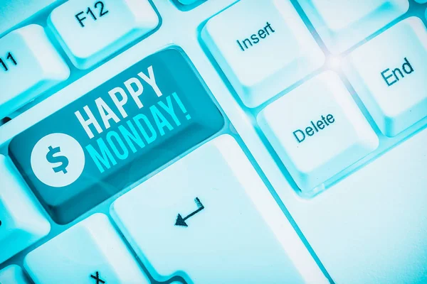 Text sign showing Happy Monday. Business photo showcasing telling that demonstrating order to wish him great new week White pc keyboard with empty note paper above white background key copy space