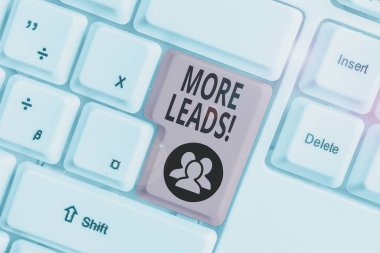 Kavramsal el yazısı Daha Fazla Müşteri Adayı nı gösteriyor. Kavram anlamı tüketici ilgi başlatma veya beyaz arka plan üzerinde not kağıdı ile ürün Beyaz pc klavye içine soruşturma