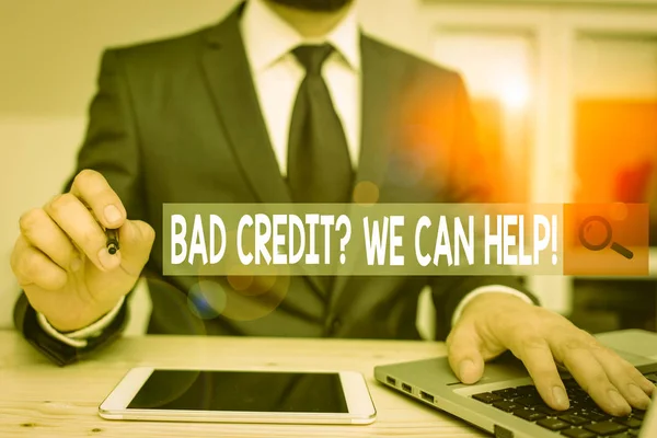 Text sign showing Bad Credit Question We Can Help. Business photo text offering help after going for loan then rejected Male human wear formal clothes present presentation use hi tech smartphone