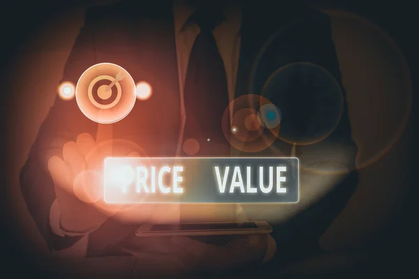 Text sign showing Price Value. Business photo showcasing the price of a product based on what customers think or valued