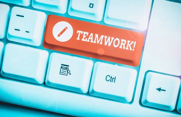 Word Skriva Text Teamwork Affärs Foto Visa Kombinerade Åtgärder Gruppen — Stockfoto