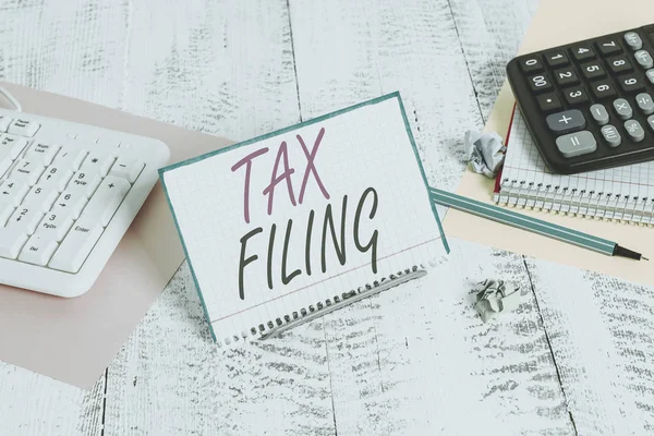 Text Sign Showing Tax Filing Business Photo Text Submitting Documens — Stock Photo, Image