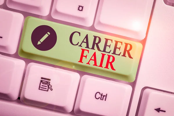 Handwriting text writing Career Fair. Conceptual photo an event at which job seekers can meet possible employers White pc keyboard with empty note paper above white background key copy space