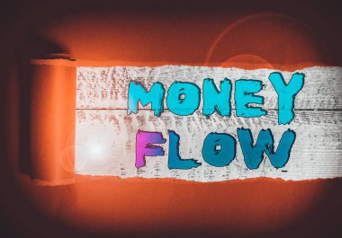 Sözcük yazma Para Akışı. İş fotoğraflarında para artışı ya da azalması görülüyor. Ortadan ikiye bölünmüş bir karton, klasik ahşap bir masanın üzerine yerleştirilmiş.