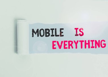 Cep telefonunun her şey olduğunu gösteren mesaj işareti. İş fotoğrafı metni Bilgisayar Aygıtı Bir Planlayıcı Cüzdan Düzenleyici Karton Ortadan yırtılarak düz bir masa arkaplanının üzerine yerleştirilir