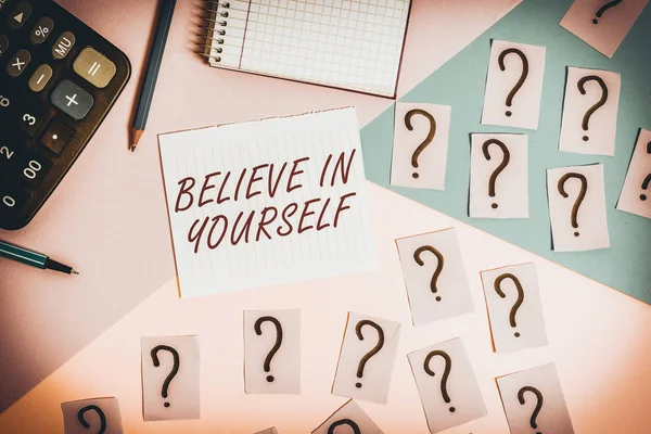 Word writing text Believe In Yourself. Business photo showcasing common piece of advice that you can do everything Mathematics stuff and writing equipment above pastel colours background