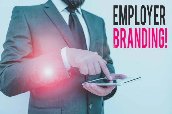 Word writing text Employer Branding. Business photo showcasing promoting company employer choice to desired target group Male human wear formal clothes present presentation use hi tech smartphone