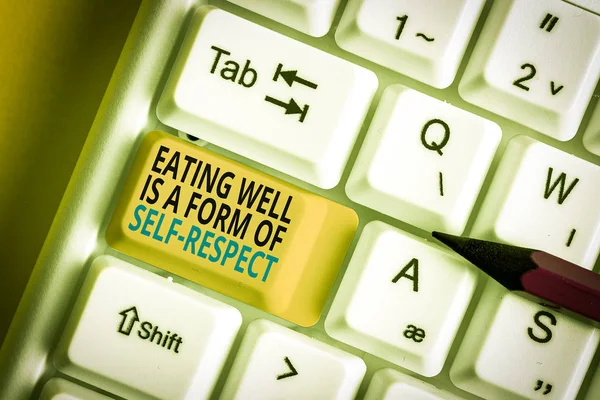 Text sign showing Eating Well Is A Form Of Self Respect. Business photo text a quote of promoting healthy lifestyle White pc keyboard with empty note paper above white background key copy space