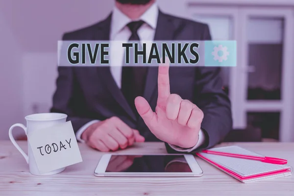 Znak Tekstowy Pokazujący Give Thanks Biznes Zdjęcie Tekst Wyrazić Wdzięczność — Zdjęcie stockowe