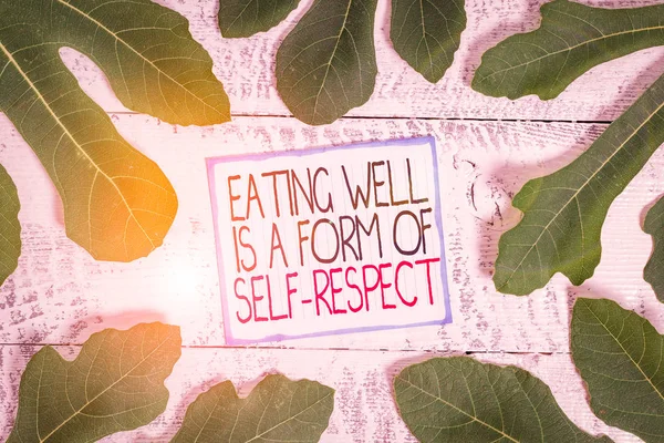 Handwriting text Eating Well Is A Form Of Self Respect. Conceptual photo a quote of promoting healthy lifestyle Leaves surrounding notepaper above a classic wooden table as the background