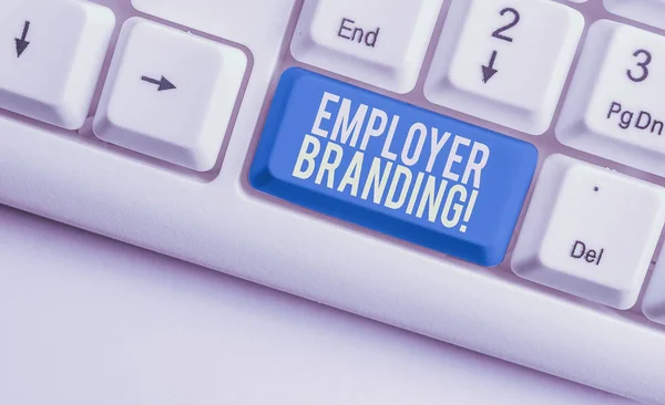 Word writing text Employer Branding. Business photo showcasing promoting company employer choice to desired target group White pc keyboard with empty note paper above white background key copy space