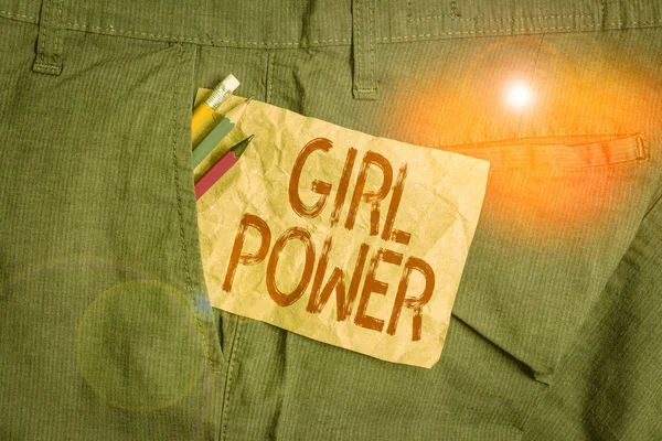 Word writing text Girl Power. Business photo showcasing assertiveness and selfconfidence shown by girls or young woanalysis Writing equipment and brown note paper inside pocket of man work trousers