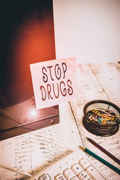 Manuscrito Texto Escrito Stop Drugs Foto Conceitual Põe Fim Dependência — Fotografia de Stock