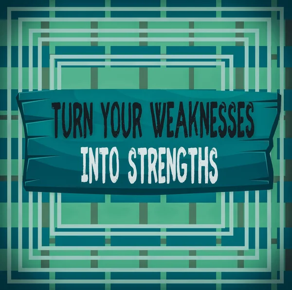 Text sign showing Turn Your Weaknesses Into Strengths. Business photo text work on your defects to get raid of them Plank wooden board blank rectangle shaped wood attached color background