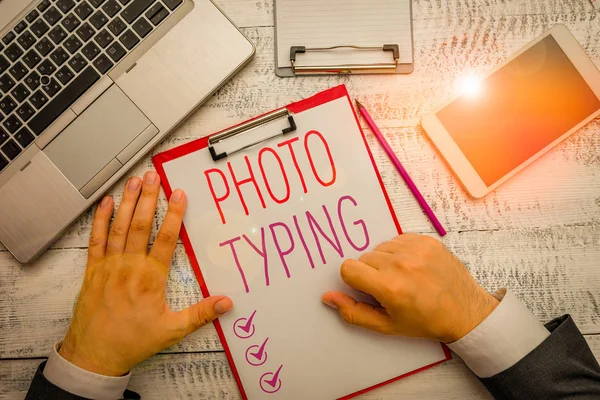 Writing note showing Photo Typing. Business concept for metal printing block use to reproduce a photograph in printing