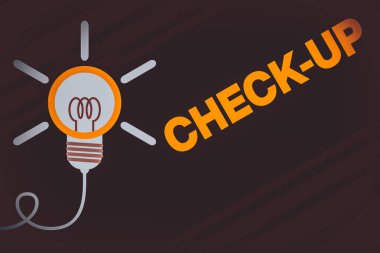 Check Up 'ı gösteren kavramsal el yazısı. Fikir ampulünün incelenmesiyle yapılan fiziksel ya da klinik muayene anlamına gelen kavram. Fikir buluşu başarılı oldu.