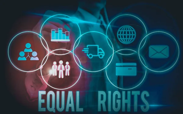Writing note showing Equal Rights. Business concept for Equality before the law when all showing have the same rights Woman wear formal work suit presenting presentation using smart device