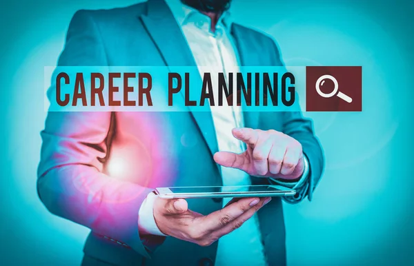 Text sign showing Career Planning. Business photo text Strategically plan your career goals and work success Businessman with pointing finger in front of him