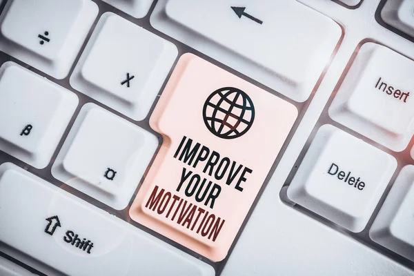 Writing note showing Improve Your Motivation. Business concept for Boost your self drive Enhance Motives and Goals White pc keyboard with note paper above the white background