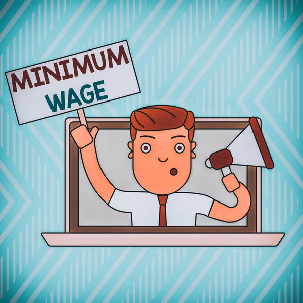 Word writing text Minimum Wage. Business photo showcasing the lowest wage permitted by law or by a special agreement Man Speaking Through Laptop Screen into Megaphone Blank Plate with Handle