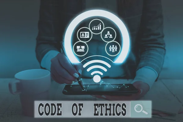 Text sign showing Code Of Ethics. Business photo showcasing basic guide for professional conduct and imposes duties Picture photo system network scheme modern technology smart device