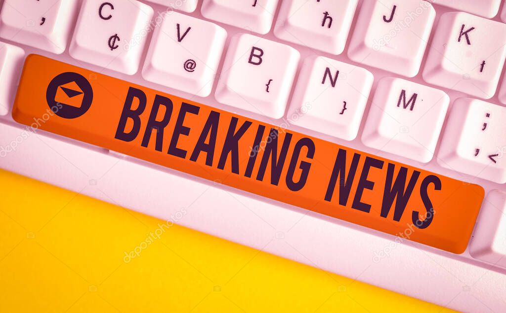 Word writing text Breaking News. Business photo showcasing Special Report Announcement Happening Current Issue Flashnews White pc keyboard with empty note paper above white background key copy space