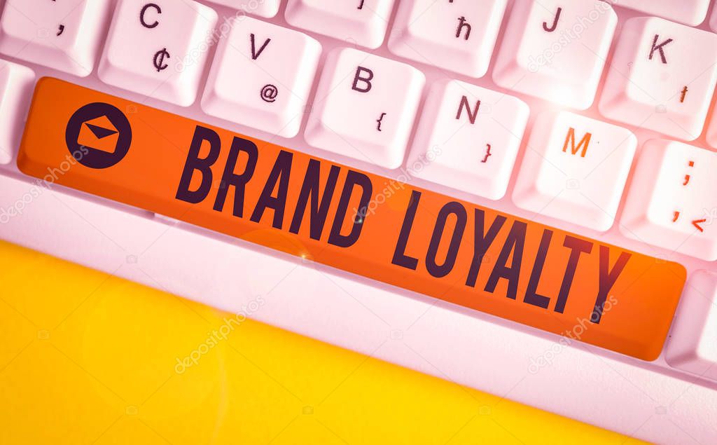 Word writing text Brand Loyalty. Business photo showcasing Repeat Purchase Ambassador Patronage Favorite Trusted White pc keyboard with empty note paper above white background key copy space