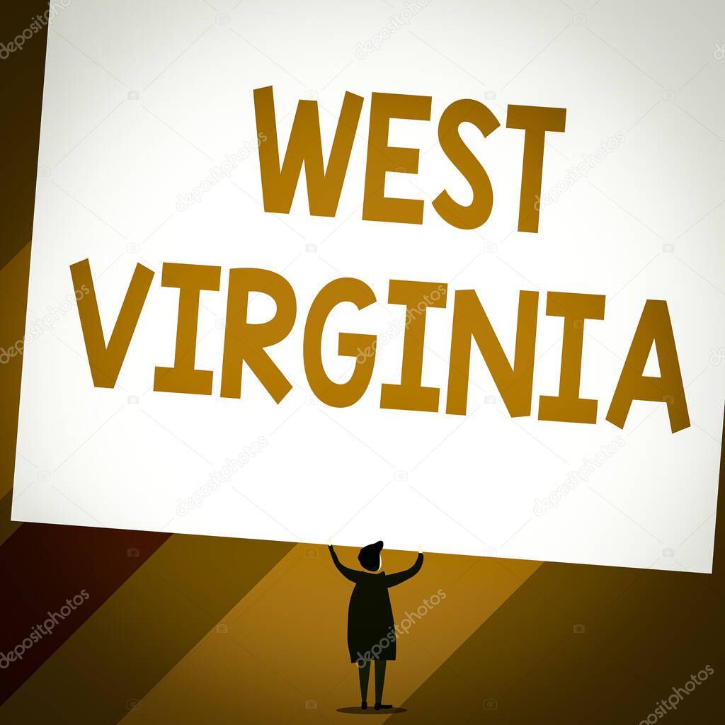 Conceptual hand writing showing West Virginia. Concept meaning United States of America State Travel Tourism Trip Historical Short hair woman dress hands up holding blank rectangle