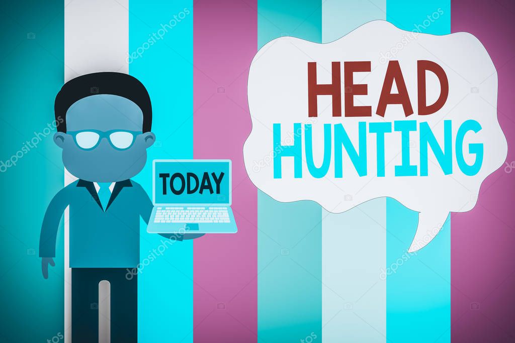 Text sign showing Head Hunting. Business photo showcasing process of recruitment of a prospective or potential employee Standing man in suit wearing eyeglasses holding open laptop photo Art