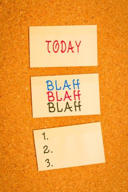 Blah Blah 'ı gösteren metin işareti. İş fotoğrafı gösterimi, çok fazla yanlış bilgi konuşması, saçma sapan konuşmalar, dikey boş çıkartma hatırlatma notları, reklam panosu mantar masa kağıdı.