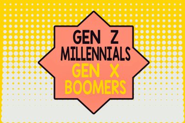 Gen Z Millennials X Boomers 'ı gösteren bir not yazıyorum. Nesilsel farklılıklar için iş konsepti Old Young 'ın kaybolan noktaları gösteren orta arka plan tasarımı. Gradyan Düzen. Geleceğe yönelik