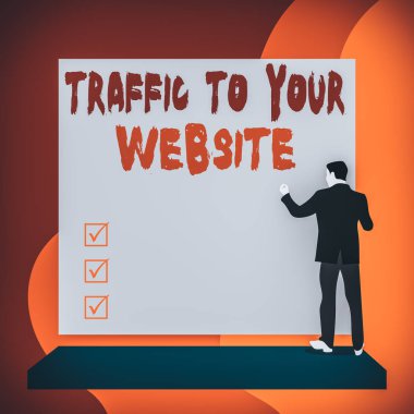 Web sitenizde Trafiği gösteren kavramsal el yazısı. Kavram, online iş için hayat kaynağı anlamına geliyor. Potansiyel ipucu. Arkaya bakan genç kadın boş büyük dikdörtgen izliyor.