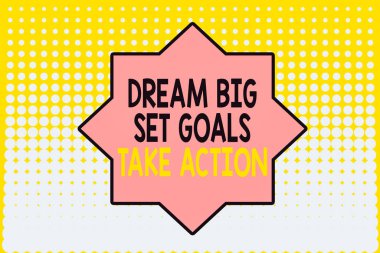 Dream Big Set Goals Take Action 'ı gösteren bir not yazıyorum. Hayallerinizin peşinden koşmak için motivasyon konsepti. İlham kaybolan noktalar orta fon tasarımı. Gradyan Düzen. Geleceğe yönelik
