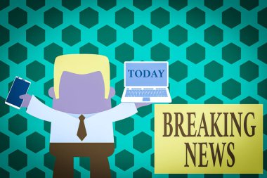 Son Dakika Haberleri. İş fotoğraflarının gösterildiği Özel Rapor Duyurusu Mevcut Konu Flashnews Sol dizüstü bilgisayarlı, sağ cep telefonlu profesyonel adam kravatı