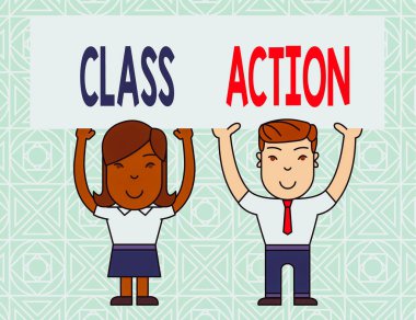 Kelime yazma Sınıf Eylemi. İki Elli Büyük Boş Poster Tahtası Tutan İki Gülümseyen İnsan adına küçük bir grup tarafından açılan iş fotoğrafı sergisi davası.