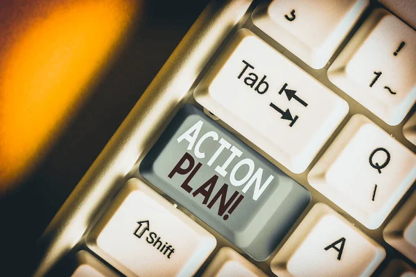 Writing note showing Action Plan. Business concept for proposed strategy or course of actions for certain time White pc keyboard with note paper above the white background