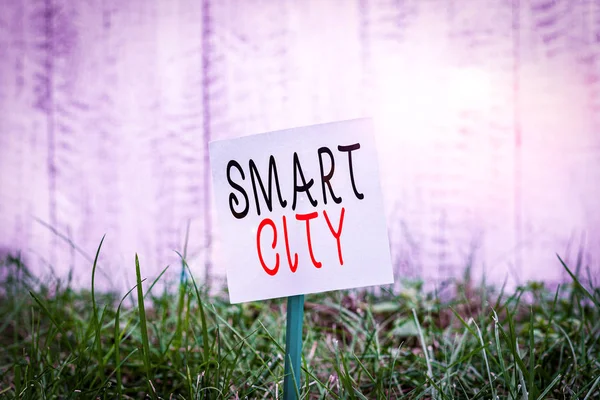 显示智能城市的文字标志 商业图片展示的是城市地区使用不同的电子网络的东西 平淡的空纸绑在一根棍子上 放在青草丛生的土地上 — 图库照片