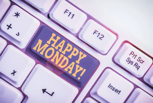 Text sign showing Happy Monday. Business photo showcasing telling that demonstrating order to wish him great new week White pc keyboard with empty note paper above white background key copy space