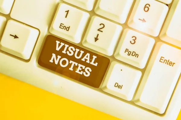 Text sign showing Visual Notes. Business photo showcasing process of representing ideas nonlinguistically Sketchnoting White pc keyboard with empty note paper above white background key copy space