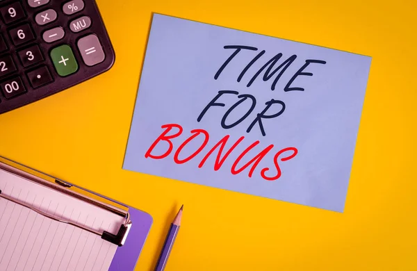 Writing Note Showing Time Bonus Business Concept Sum Money Added — Stock Photo, Image