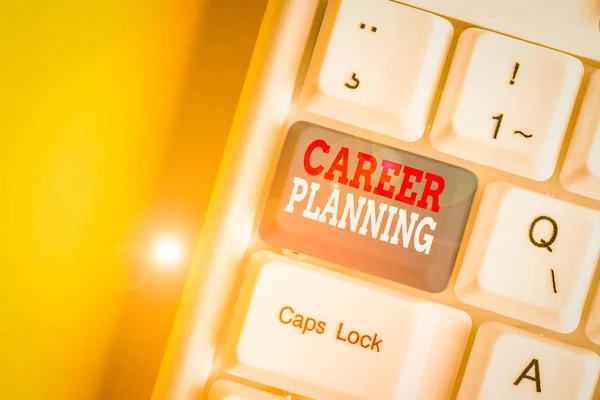 Text sign showing Career Planning. Business photo showcasing Strategically plan your career goals and work success White pc keyboard with empty note paper above white background key copy space