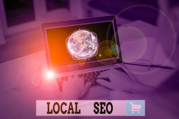 Text sign showing Local Seo. Business photo text helps businesses promote products and services to local customers Picture photo system network scheme modern technology smart device and Elements of this image furnished by NASA