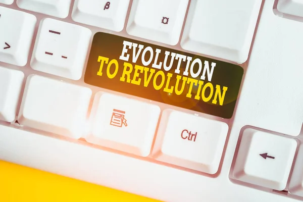 Writing note showing Evolution To Revolution. Business concept for adapting to way of living for creatures and huanalysiss White pc keyboard with note paper above the white background
