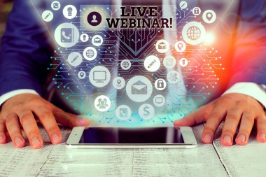 Live Webinar yazılı el yazısı metin. Kavramsal fotoğraf sunum ders veya seminer Web üzerinden iletilen