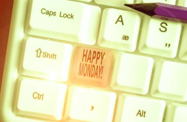Kelime yazma metin Happy Monday. İş fotoğraf vitrine onu büyük yeni hafta dilemek için sipariş gösteren söylüyorum