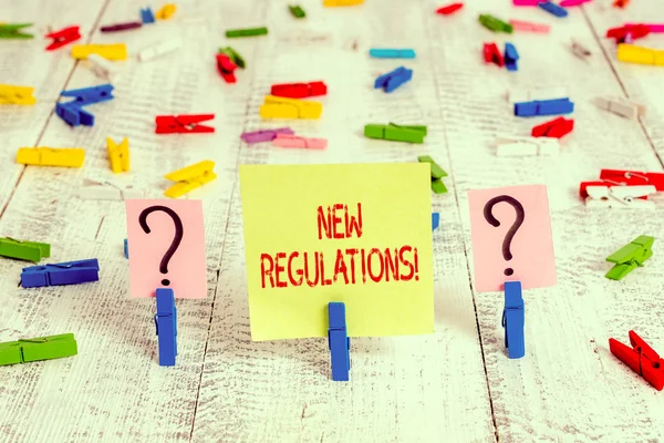 Yeni Yönetmelikleri gösteren not yazılıyor. Kurallar için iş kavramı hükümetin düzeni kontrol altına almasını sağladı. Tahta masaya raptiyeyle tutturulmuş bir şey.