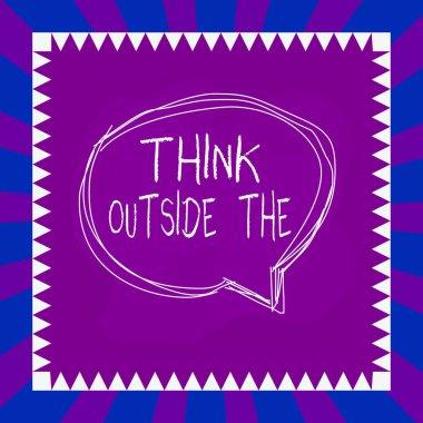 Kelime yazma metni. Dışarıyı düşün. İş fotoğraflarında Yaratıcı Düşünce farklı bir perspektiften bakarken asimetrik şekilli nesne ana hatlarının içindeki baloncuklar çok renkli tasarımı anlatıyor