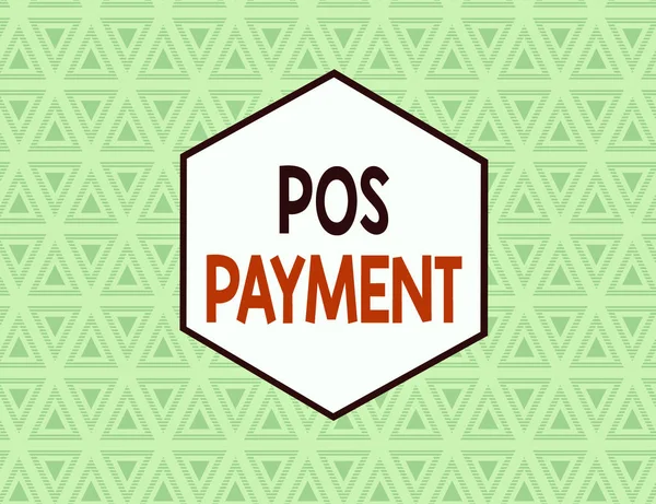Text sign showing Pos Payment. Business photo text customer tenders payment in exchange for goods and services Seamless Pattern of Alternating Straight and Upside Blue Triangles in Line